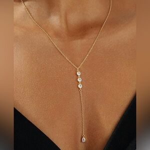 Elegant Gold Lariat Necklace with Diamond Accents NWT